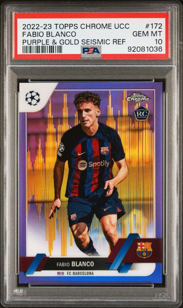 2022-23 TOPPS CHROME UEFA FABIO BLANCO 172 PURPLE & GOLD SEISMIC REF PSA 10