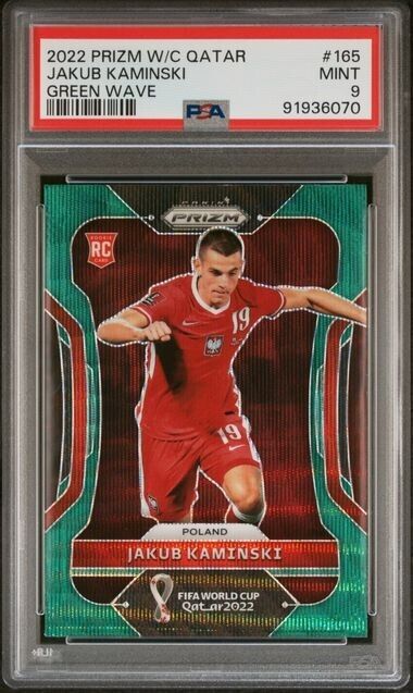 2022 PANINI PRIZM WORLD CUP QATAR JAKUB KAMINSKI 165 GREEN WAVE PSA 9