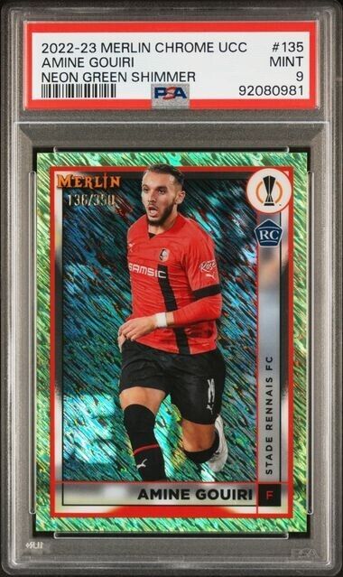 2022-23 TOPPS MERLIN CHROME UEFA AMINE GOUIRI 135 NEON GREEN SHIMMER PSA 9 /350