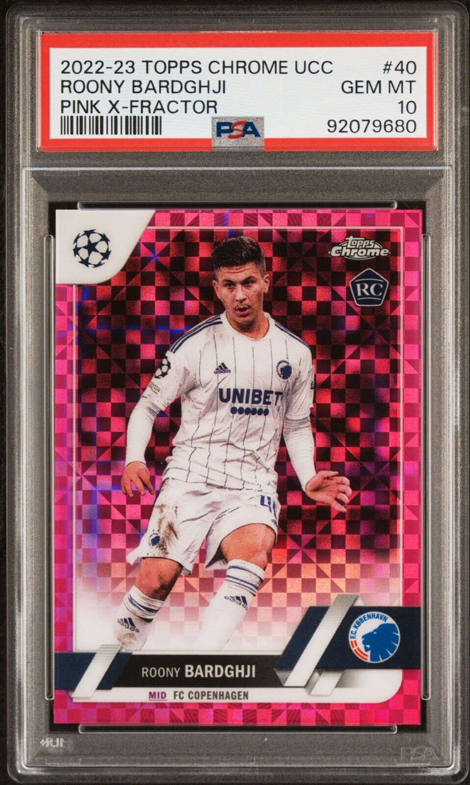 2022-23 TOPPS CHROME UEFA  ROONY BARDGHJI 40 PINK X-FRACTOR PSA 10 /250