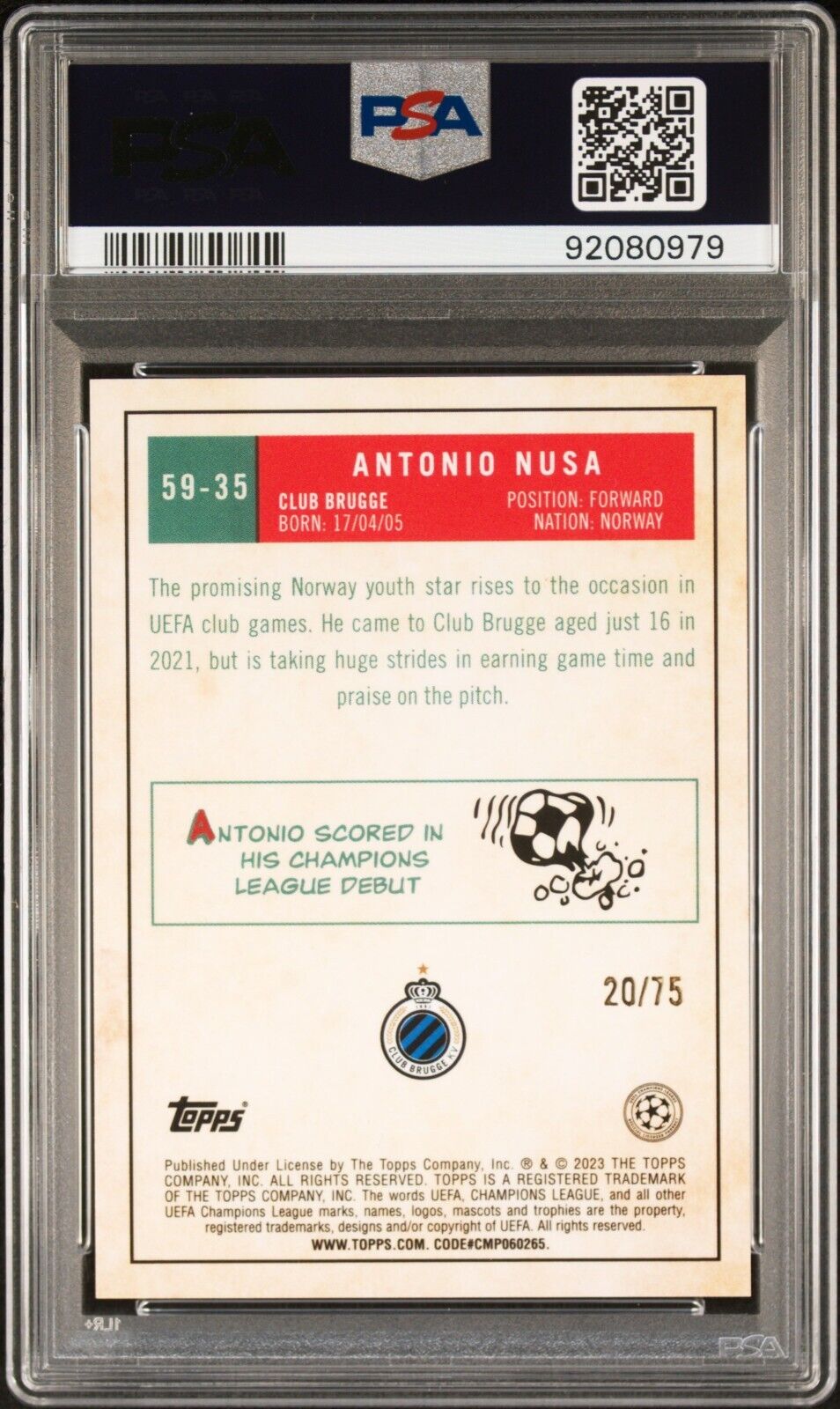 2022-23 TOPPS CHROME UEFA ANTONIO NUSA 59-35 1959 TOPPS-BLUE WAVE PSA 10 /75