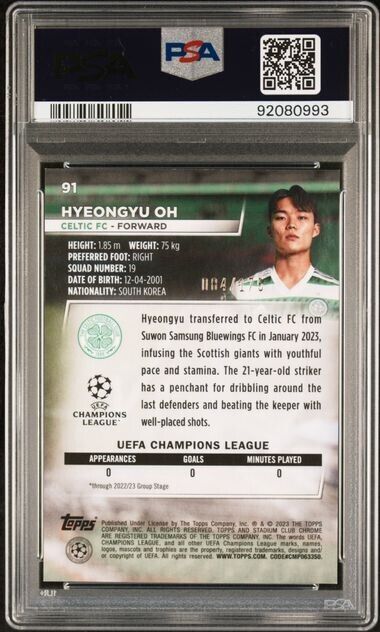 2022-23 TOPPS STADIUM CLUB CHROME UEFA HYEONGYU OH 91 NEON GRN X-FRCTR PSA9 /175