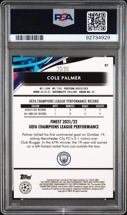 2021-22 TOPPS FINEST UEFA CHAMPIONS COLE PALMER 97 GOLD REFRACTOR PSA 9 /50