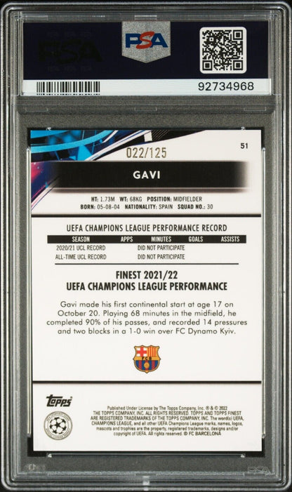 2021-2022 TOPPS FINEST UEFA CHAMPIONS GAVI 51 PINK PRISM REFRACTOR PSA 9 /125