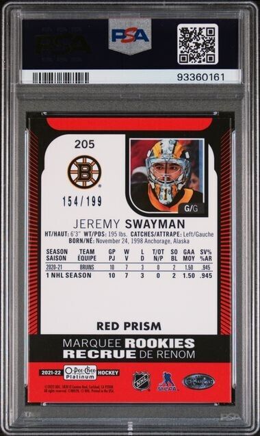 2021 UPPER DECK O-PEE-CHEE PLATINUM Jeremy Swayman /199 Mint 9