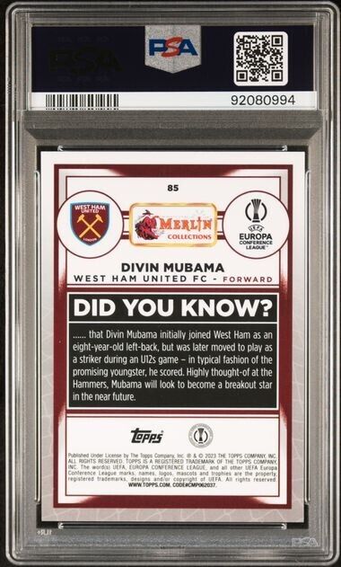 2022-23 TOPPS MERLIN CHROME UEFA DIVIN MUBAMA 85 VINTAGE MERLIN REFRACTOR PSA 10