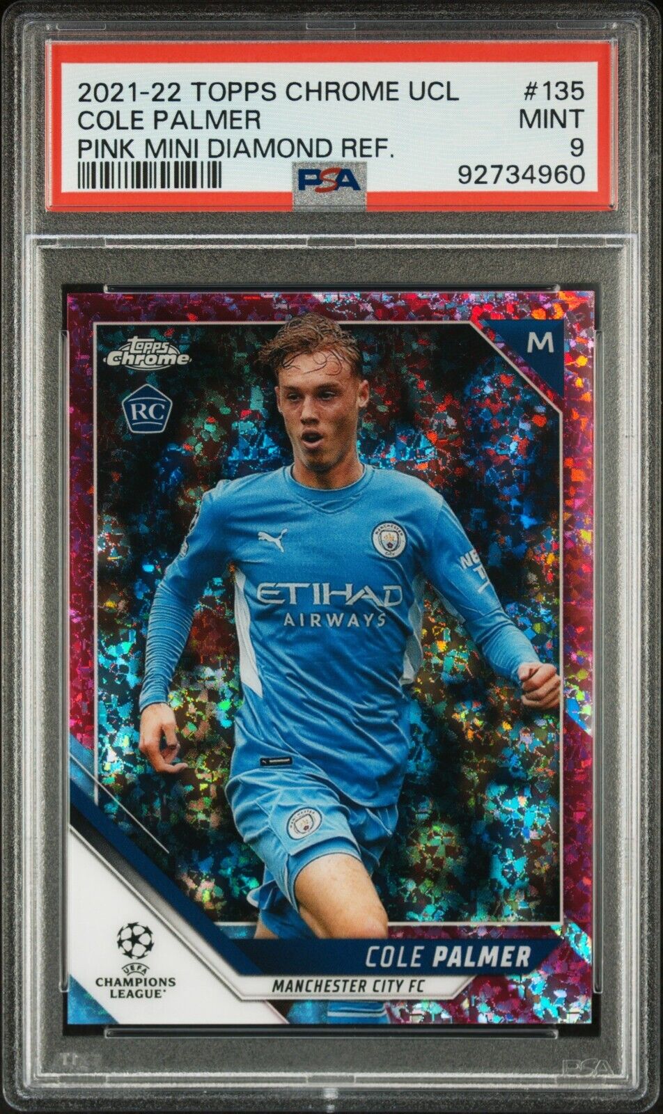 2021 TOPPS CHROME UEFA COLE PALMER 135 PINK MINI DIAMOND REF. PSA 9 /175