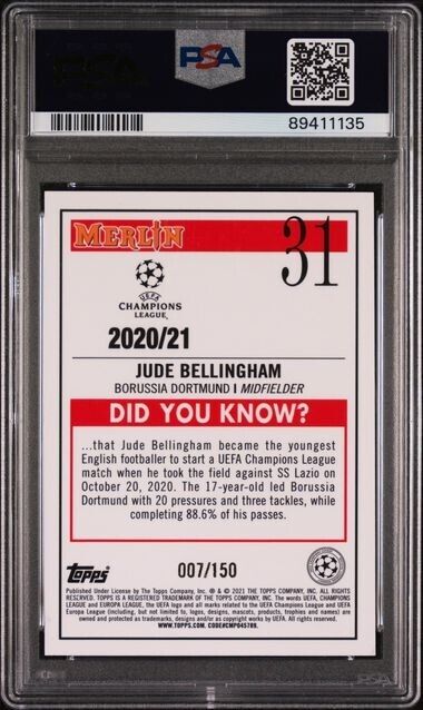 2020 TOPPS MERLIN CHROME UEFA JUDE BELLINGHAM 31 SPECKLE REFRACTOR PSA 9 /150