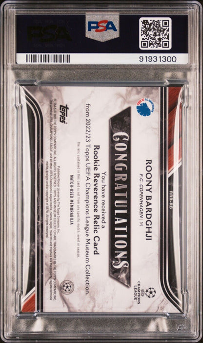 2022-23 TOPPS MUSEUM UEFA ROOKIE REVERENCE RELICS ROONY BARDGHJI PSA 10 /199