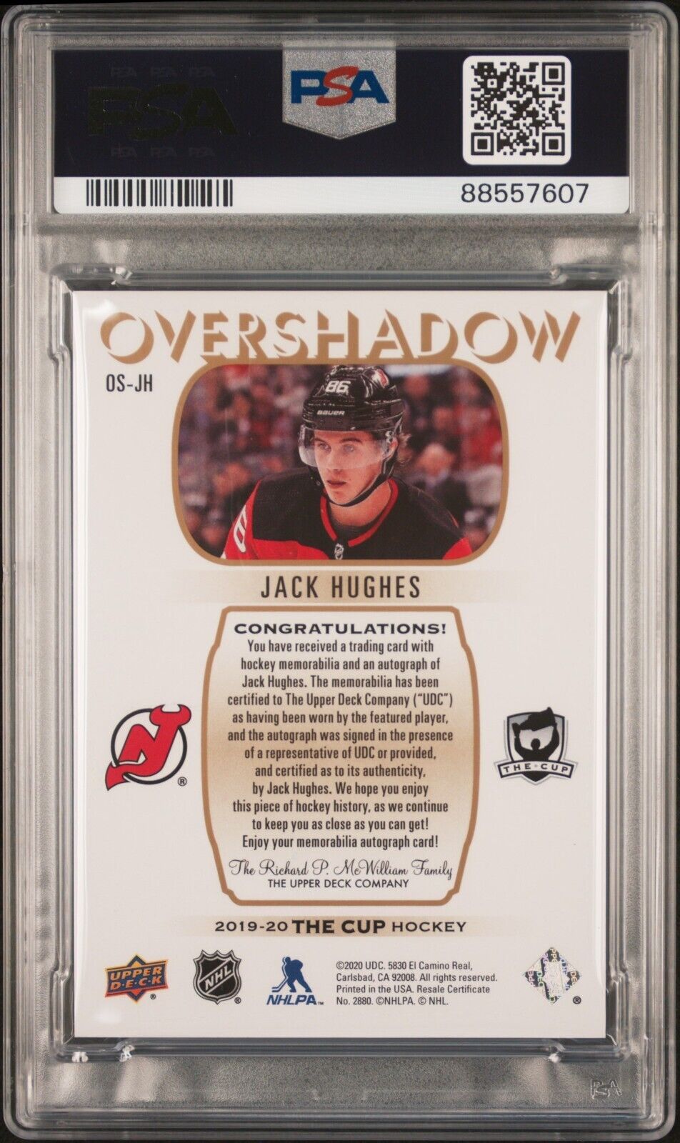 2019 UPPER DECK THE CUP OVERSHADOW AUTOGRAPH PATCH JACK HUGHES PSA 10 /25