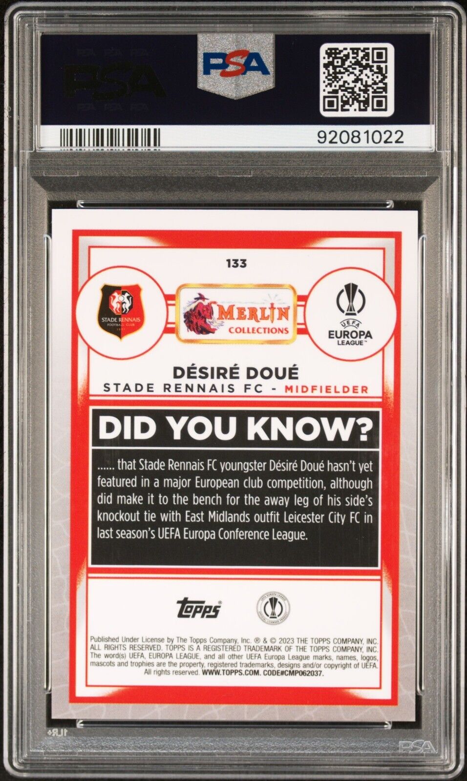 2022-23 TOPPS MERLIN CHROME UEFA DESIRE DOUE 133 ROSE GOLD SHIMMER PSA 10