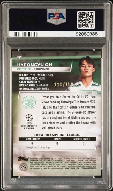 2022-23 TOPPS STADIUM CLUB CHROME UEFA HYEONGYU OH 91 PINK WAVE PSA 10 /150