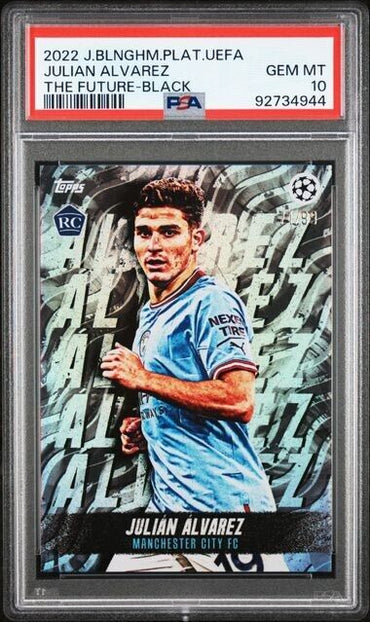 2022 TOPPS JUDE BELLINGHAM PLATINUM UEFA JULIAN ALVAREZ FUTURE-BLACK PSA 10 /99