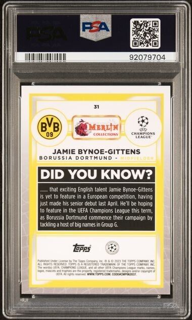 2022-23 TOPPS MERLIN CHROME UEFA JAMIE BYNOE-GITTENS 31 ATOMIC RFRCTR PSA 8 /250