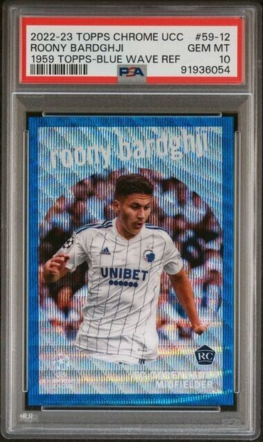 2022-23 TOPPS CHROME UEFA ROONY BARDGHJI 59-12 1959 TOPPS-BLUE WAVE PSA 10 /75