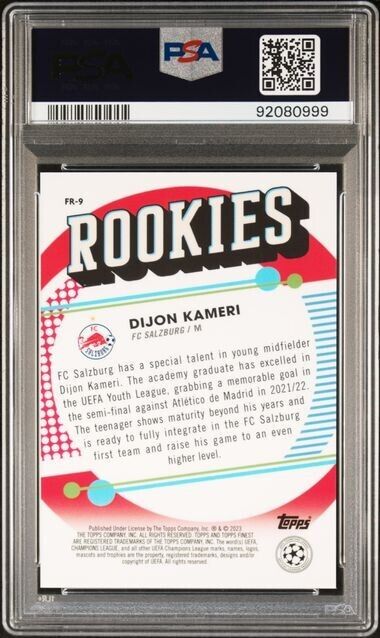 2022-23 TOPPS FINEST UEFA DIJON KAMERI FR9 ROOKIES-ROSE GOLD REF PSA 9 /75