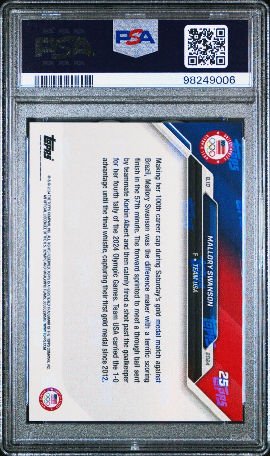 2024 TOPPS NOW OLYMPIC GAMES 25 MALLORY SWANSON STARS PSA 10 /24