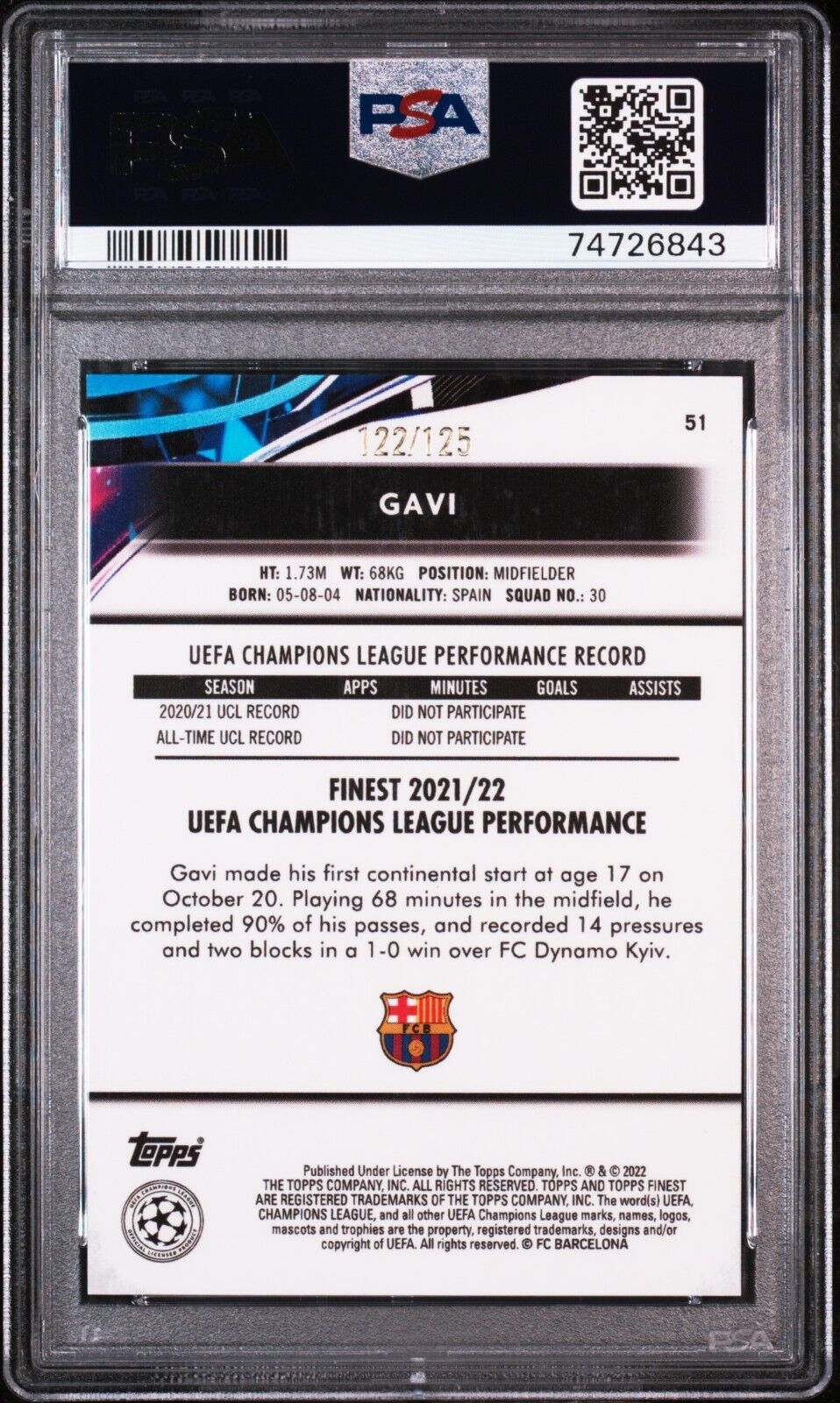 2021-22 TOPPS FINEST UEFA CHAMPIONS LEAGUE GAVI PINK PRISM REFRACTOR PSA 1O /125