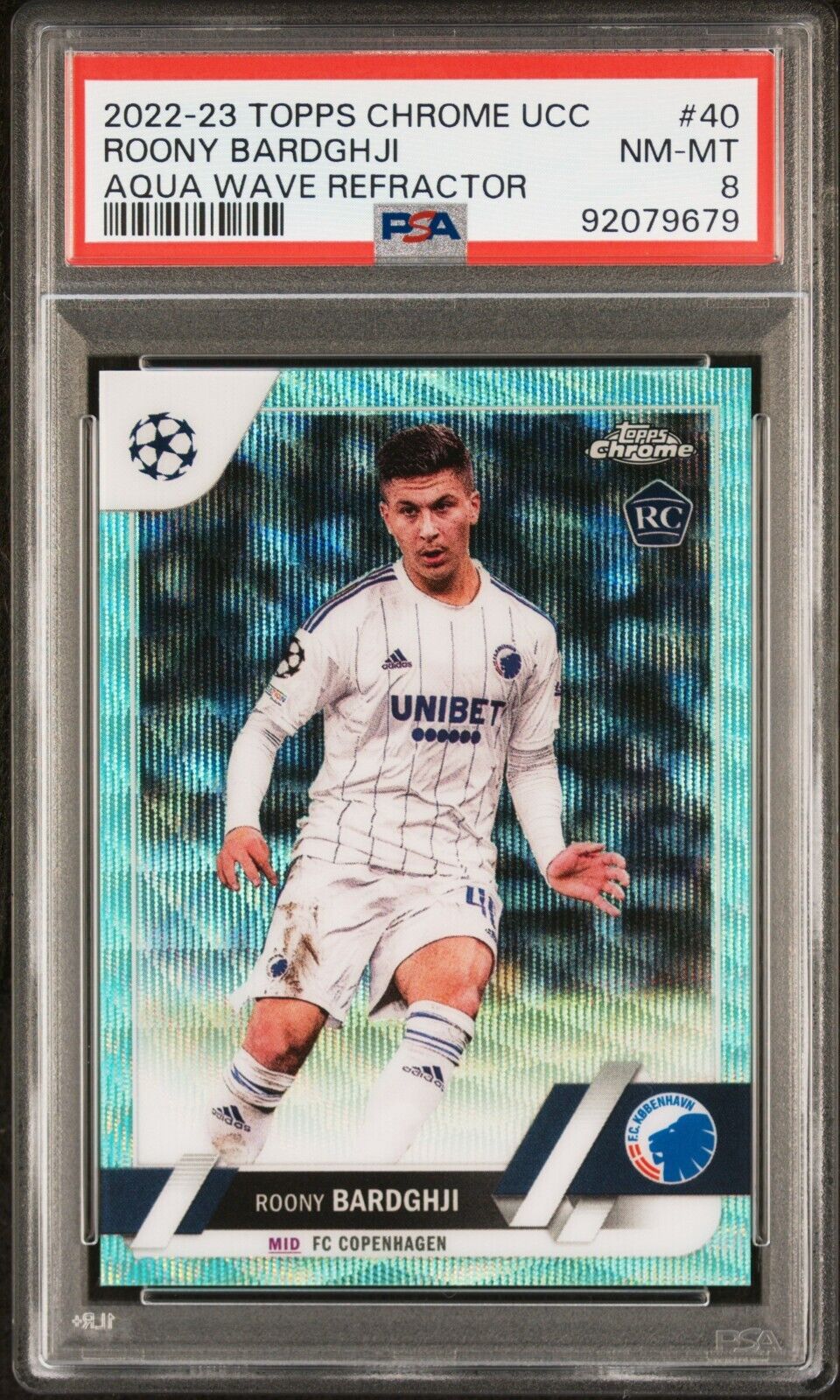 2022-23 TOPPS CHROME UEFA CLUB ROONY BARDGHJI 40 AQUA WAVE PSA 9 /199