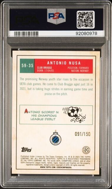 2022-23 TOPPS CHROME UEFA ANTONIO NUSA 59-35 1959 TOPPS-BLUE REFRCTOR PSA 9 /150