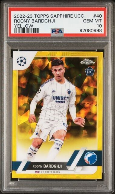 2022-23 TOPPS CHROME SAPPHIRE EDITION UEFA ROONY BARDGHJI 40 YELLOW PSA 10 /50