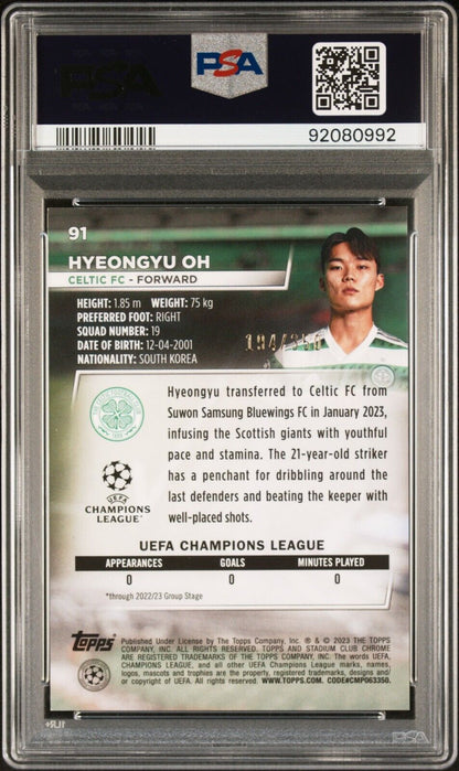 2022-23 TOPPS STADIUM CHROME UEFA HYEONGYU OH BLACK & WHITE PRISM PSA 10 /350