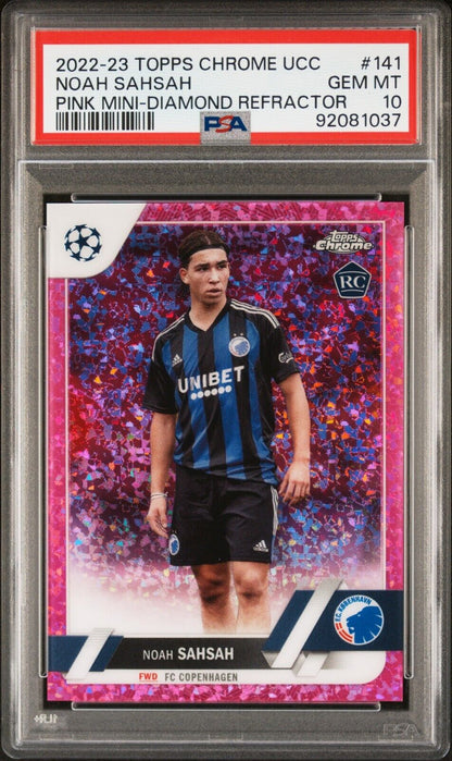 2022-23 TOPPS CHROME UEFA NOAH SAHSAH 141 PINK MINI DIAMOND PSA 10 /175