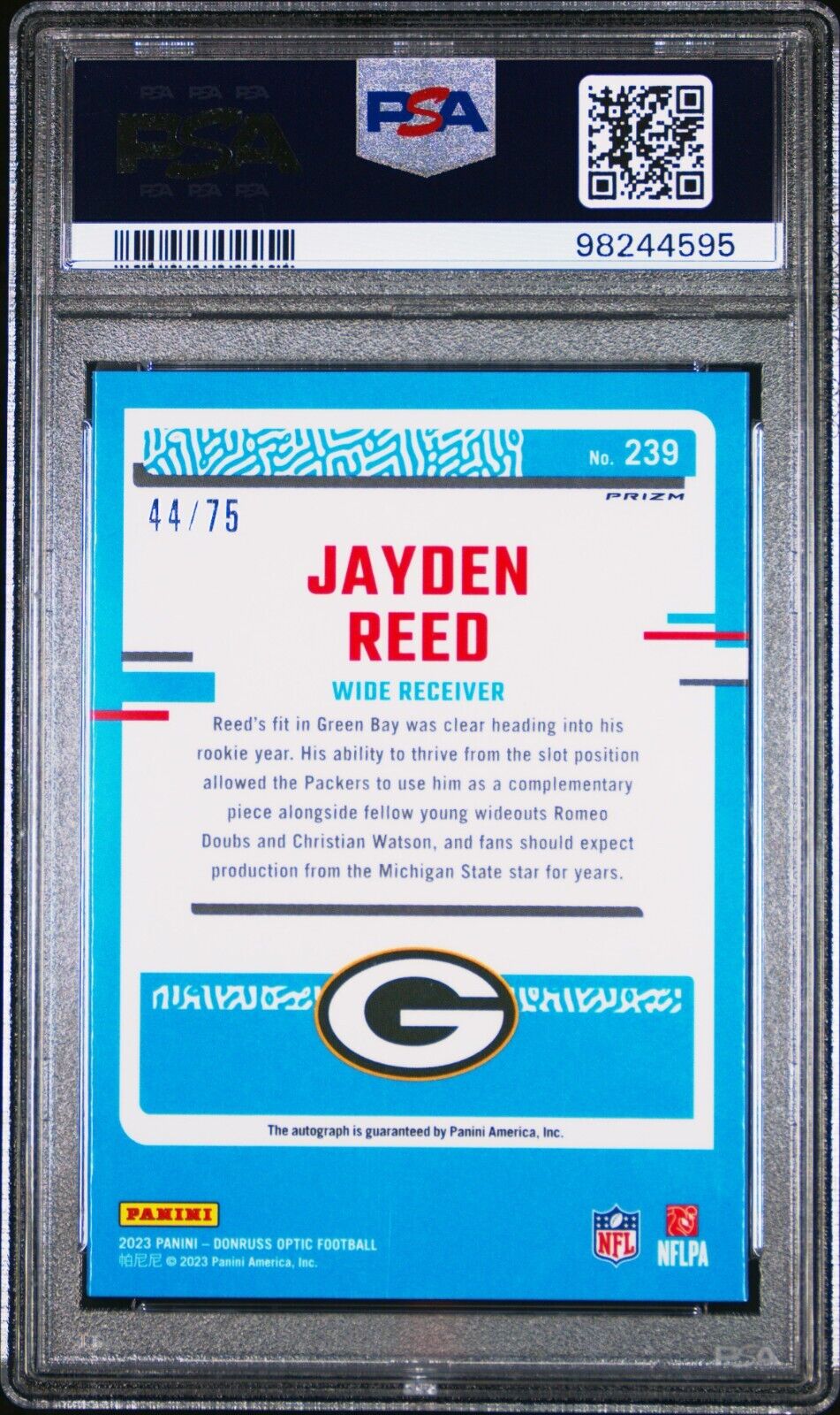 2023 PANINI DONRUSS OPTIC 239 JAYDEN REED AUTOGRAPH-RED MINT 9 /75