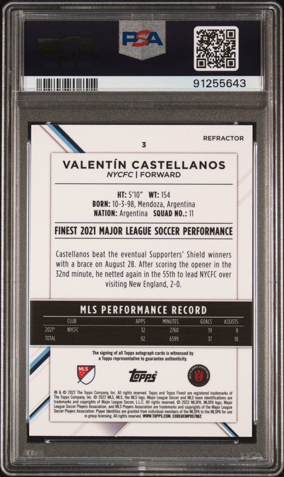 2022 TOPPS FINEST MLS VALENTIN CASTELLANOS 3 AUTOGRAPH PSA 10