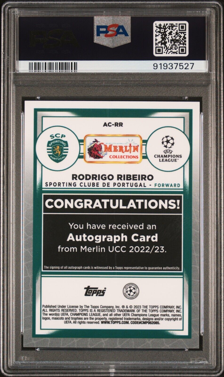 2022-23 TOPPS MERLIN CHROME UEFA AUTOGRAPHS RODRIGO RIBEIRO RR PSA 9