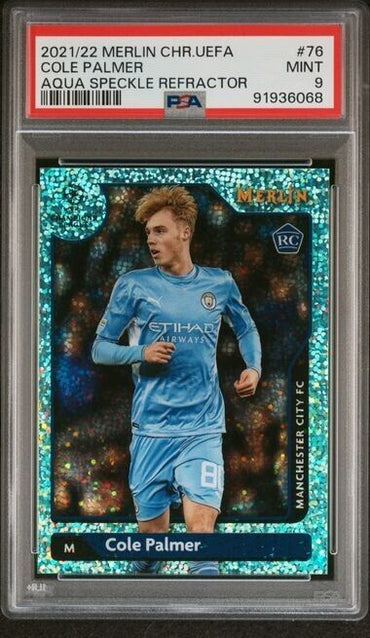 2021-2022 TOPPS MERLIN CHROME UEFA COLE PALMER 76 AQUA SPECKLE RFRCTR PSA 9 /199