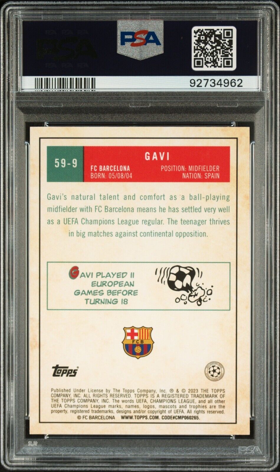 2022-23TOPPS CHROME UEFA CLUB COMPETITIONS 1959 TOPPS GAVI 59-9 PSA 9