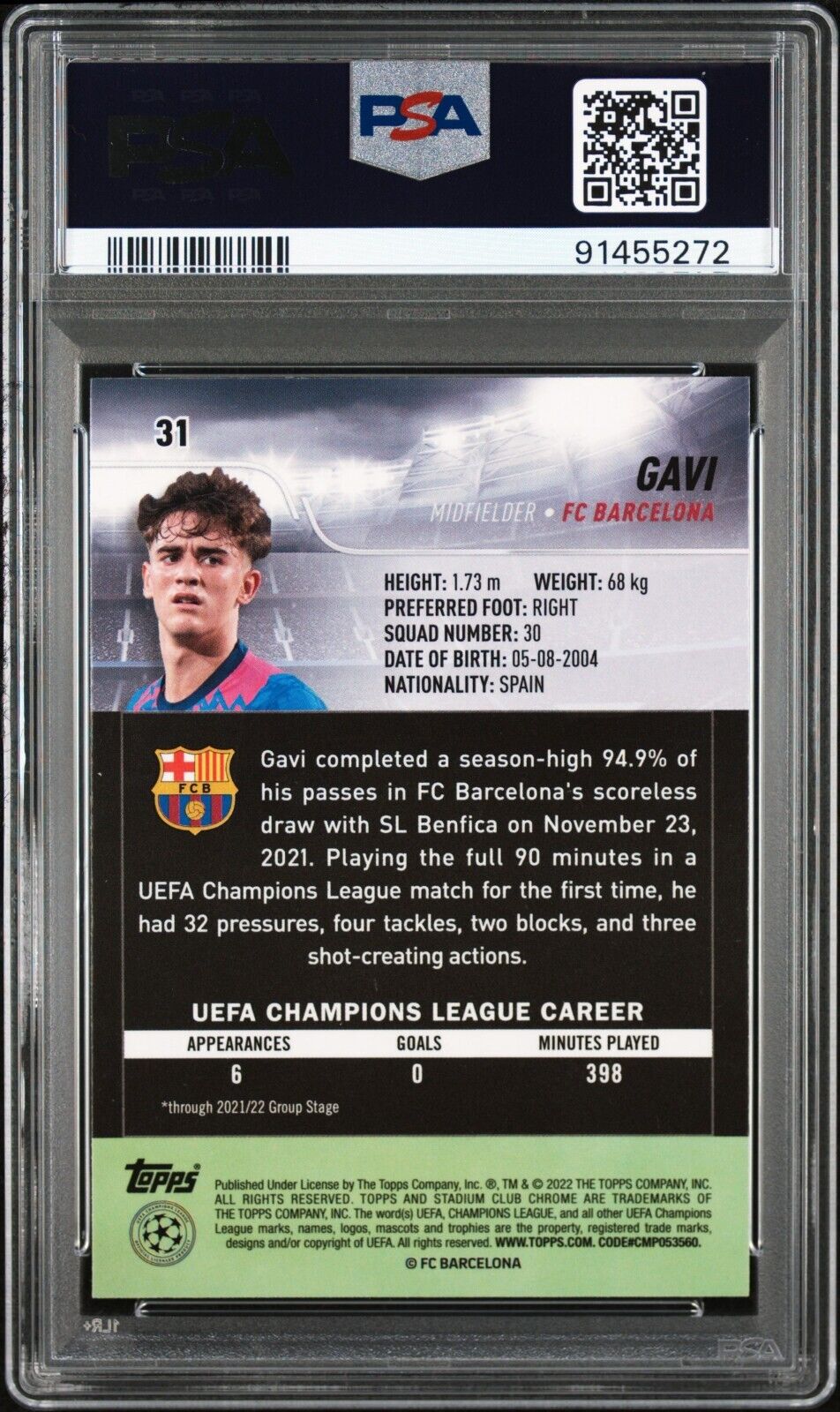 2021-22 TOPPS STADIUM CLUB CHROME UEFA GAVI 31 PSA 10