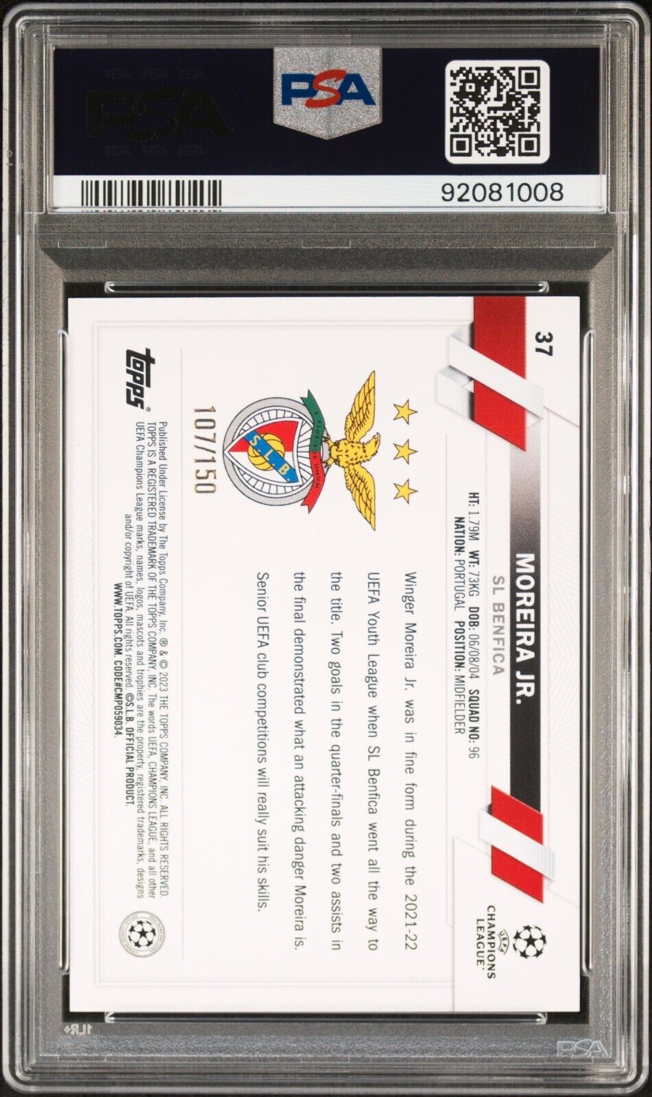 2022 TOPPS UEFA CLUB COMPETITIONS MOREIRA JR. 37 BLACK & WHITE ICY FOIL PSA 10