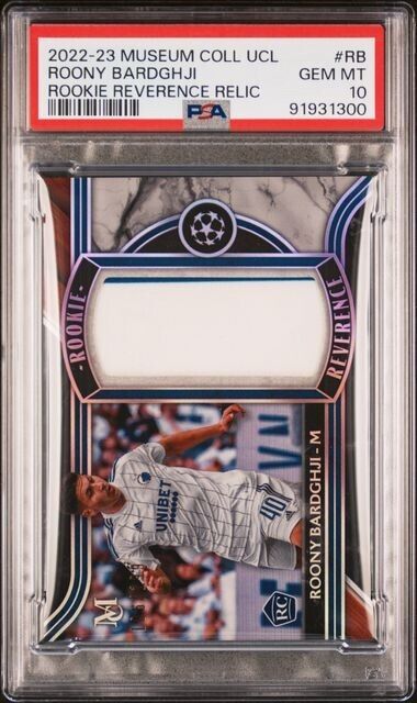 2022-23 TOPPS MUSEUM UEFA ROOKIE REVERENCE RELICS ROONY BARDGHJI PSA 10 /199