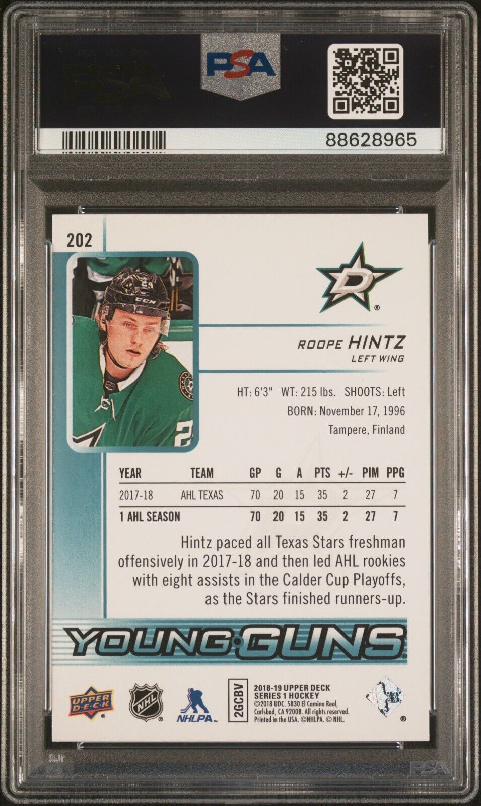 2018 UPPER DECK HOCKEY 202 ROOPE HINTZ YOUNG GUNS PSA 10