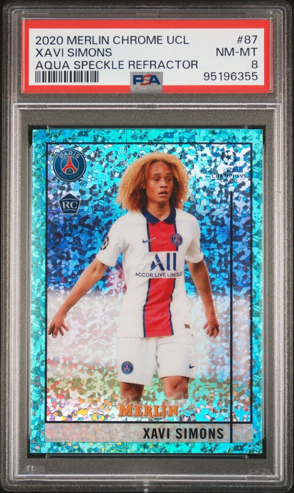 2020 TOPPS MERLIN CHROME UEFA XAVI SIMONS 87 AQUA SPECKLE REFRACTOR PSA 8 /175