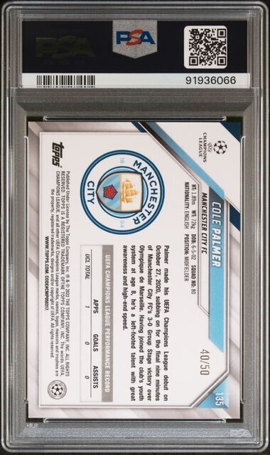 2021-2022 TOPPS CHROME SAPPHIRE EDITION UEFA COLE PALMER 135 ORANGE PSA 10 /50