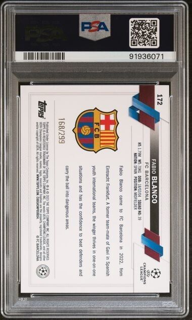 2022 TOPPS UEFA CLUB COMPETITIONS FABIO BLANCO 172 YELLOW FOIL PSA 9 /299