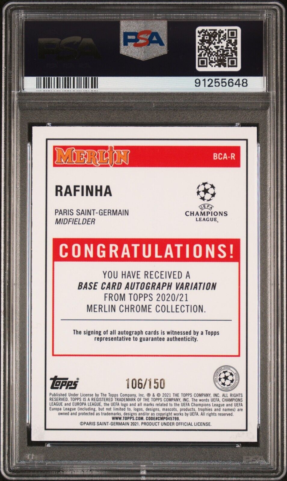 2020 TOPPS MERLIN CHROME UEFA AUTOGRAPHS RAFINHA R SPECKLE REFRACTOR PSA 9 /150