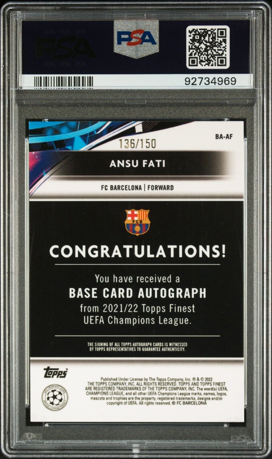 2021-2022 TOPPS FINEST UEFA AUTOGRAPHS ANSU FATI BAAF AUTO-BLUE PSA 10 /150