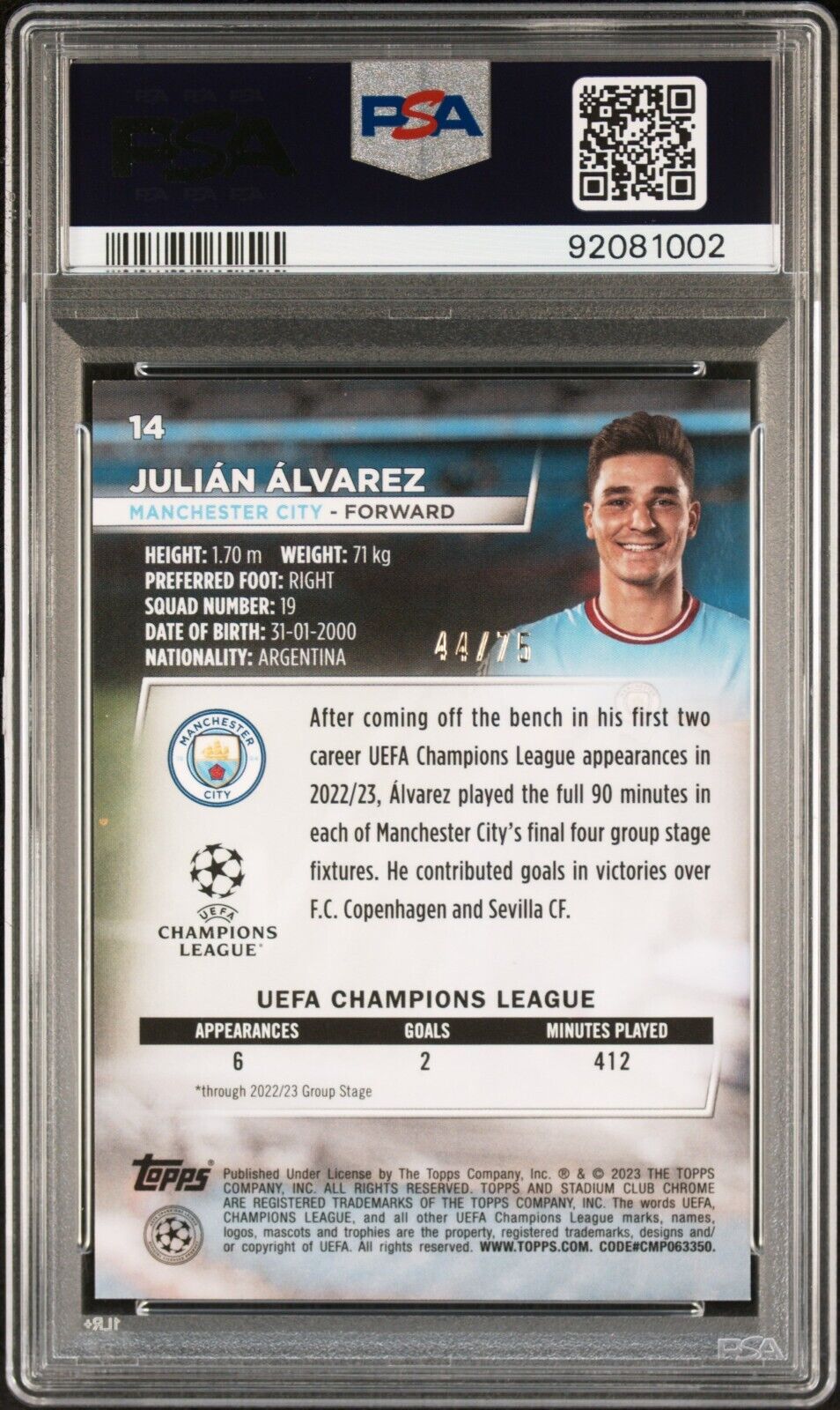 2022-23 TOPPS STADIUM CHROME UEFA JULIAN ALVAREZ 14 PRISM REFRACTOR PSA 10 /75