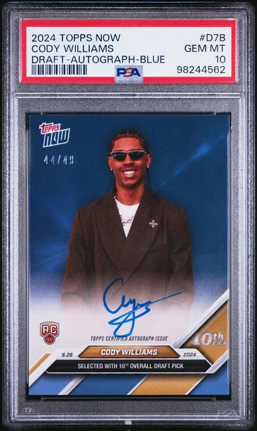 2024 TOPPS NOW DRAFT D7B CODY WILLIAMS AUTOGRAPH-BLUE PSA 10 /49