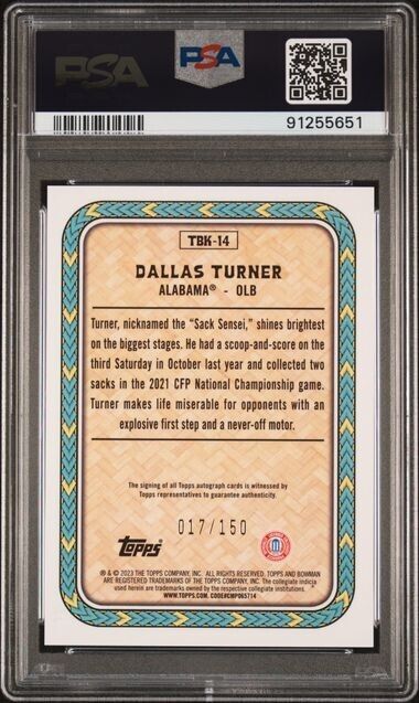 2023 BOWMAN UNIVERSITY CHROME THE BIG KAHUNA Autograph Dallas Turner /150 Mint 9