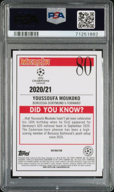 2020 TOPPS MERLIN CHROME UEFA CHAMPIONS LEAGUE YOUSSOUFA MOUKOKO   80  REFRACTOR PSA MINT 9