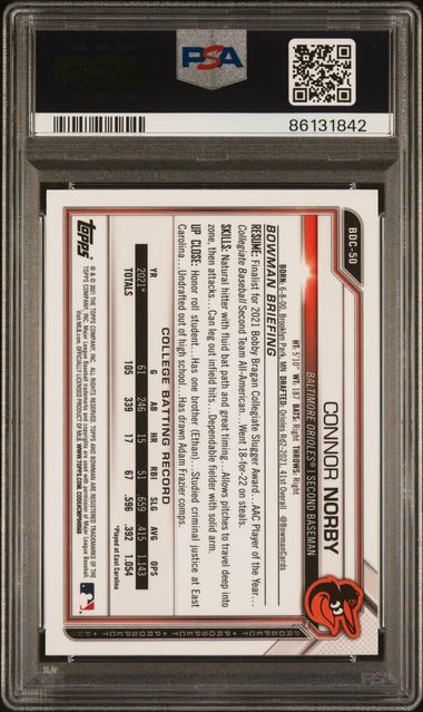 2021 BOWMAN DRAFT CONNOR NORBY   BDC50  CHROME-SPARKLE REFRACTOR PSA MINT 9