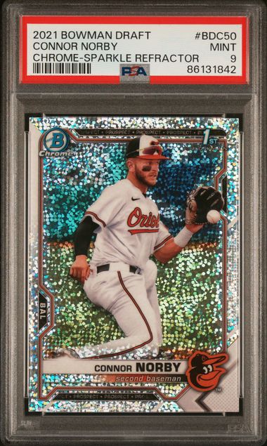 2021 BOWMAN DRAFT CONNOR NORBY   BDC50  CHROME-SPARKLE REFRACTOR PSA MINT 9