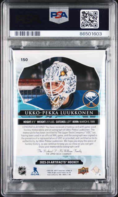 2023 UPPER DECK ARTIFACTS UKKO PEKKA LUUKKONEN 150 AUTO MATERIAL-PURPLE PSA8 /10