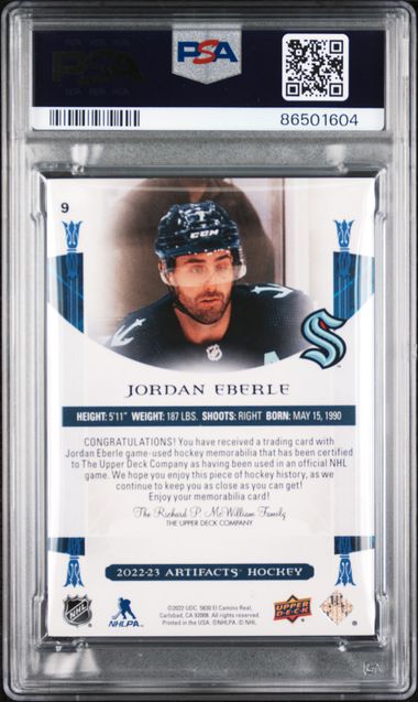 2022 UPPER DECK ARTIFACTS JORDAN EBERLE   9  MATERIAL-ORANGE PSA NM 7