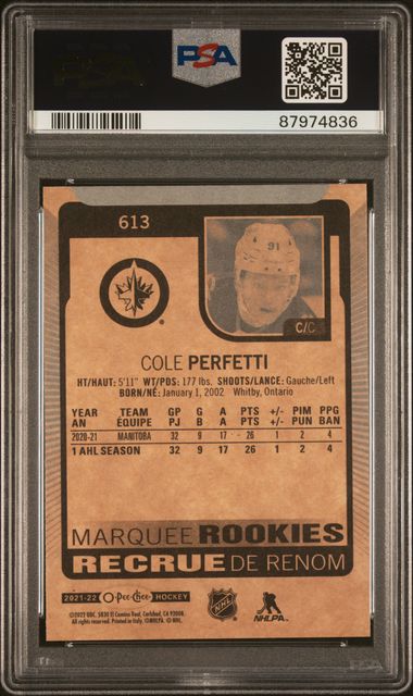 2021 UPPER DECK O-PEE-CHEE UPDATE COLE PERFETTI   613  UPDATE PSA GEM MT 10